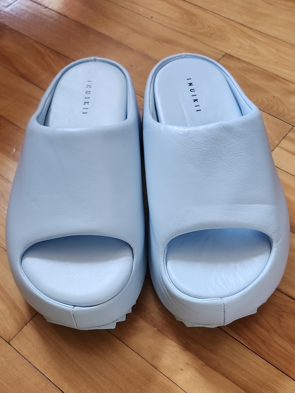 Inuikii Pale Blue Leather Open-Toe Slide Mules